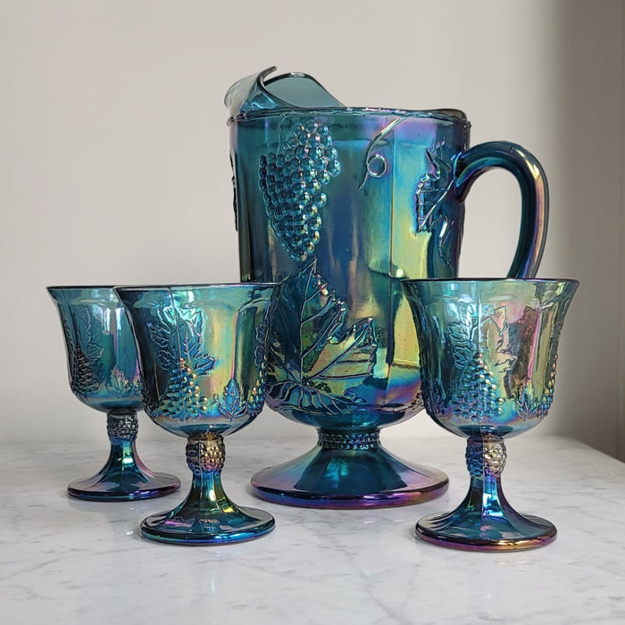 Vintage Blue Carnival Glass Pitcher and Goblet Set