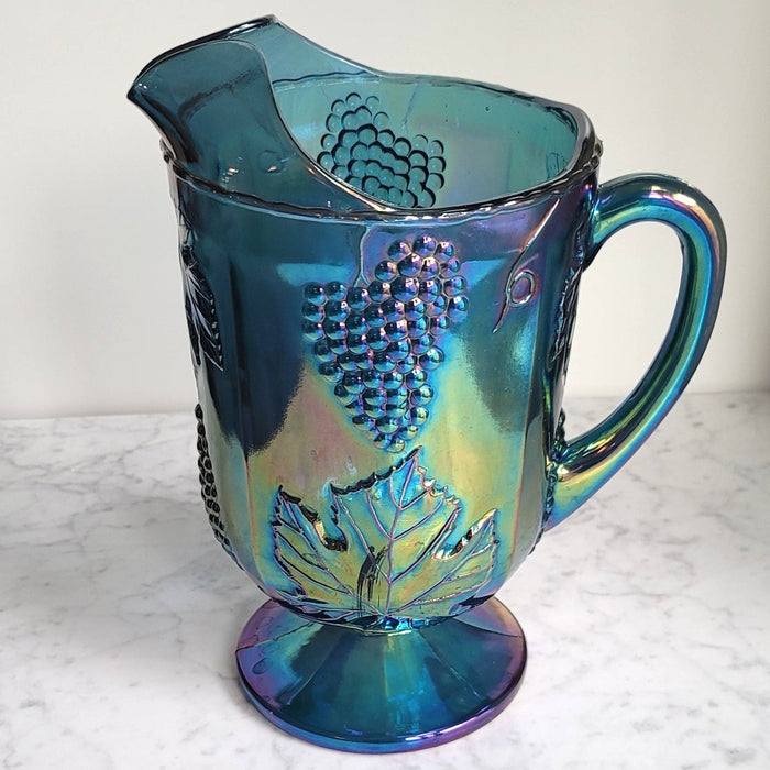 Vintage Blue Carnival Glass Pitcher and Goblet Set