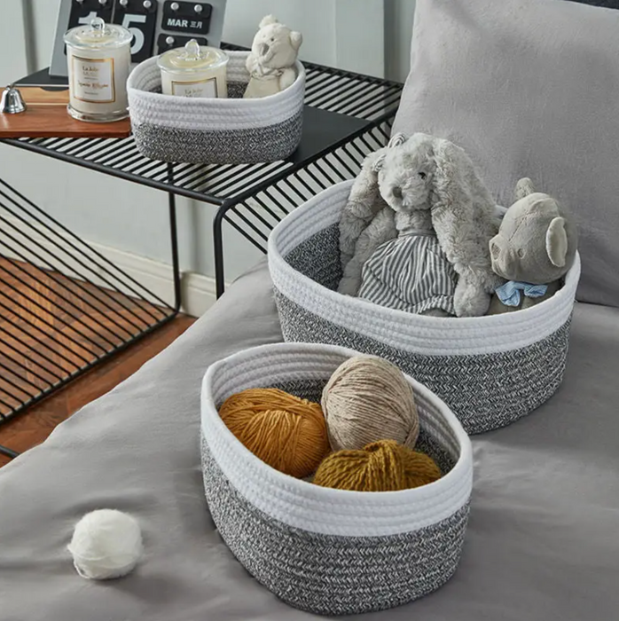 Gray Cotton Storage Baskets, Set of 3