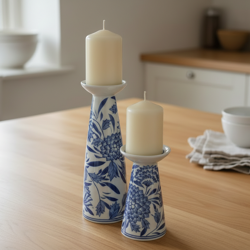 Vintage Blue Floral Candle Holders, Set of 2