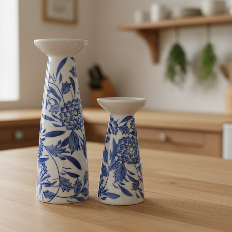 Vintage Blue Floral Candle Holders, Set of 2