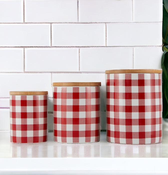 Red & White Buffalo Check Ceramic Canisters, Set Of 3