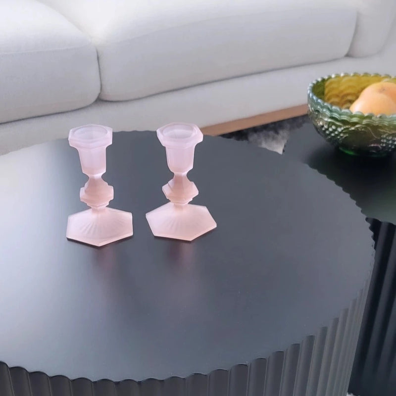 Vintage Pink Frosted Glass Candlestick Holders, Set of 2