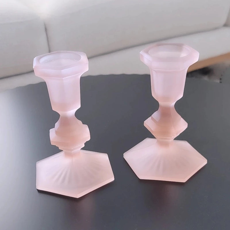Vintage Pink Frosted Glass Candlestick Holders, Set of 2
