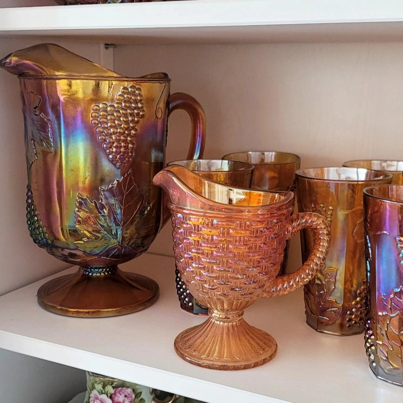 Vintage Marigold Carnival Glass Woven Pitcher