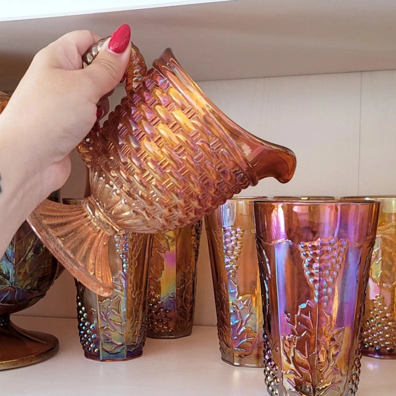 Vintage Marigold Carnival Glass Woven Pitcher