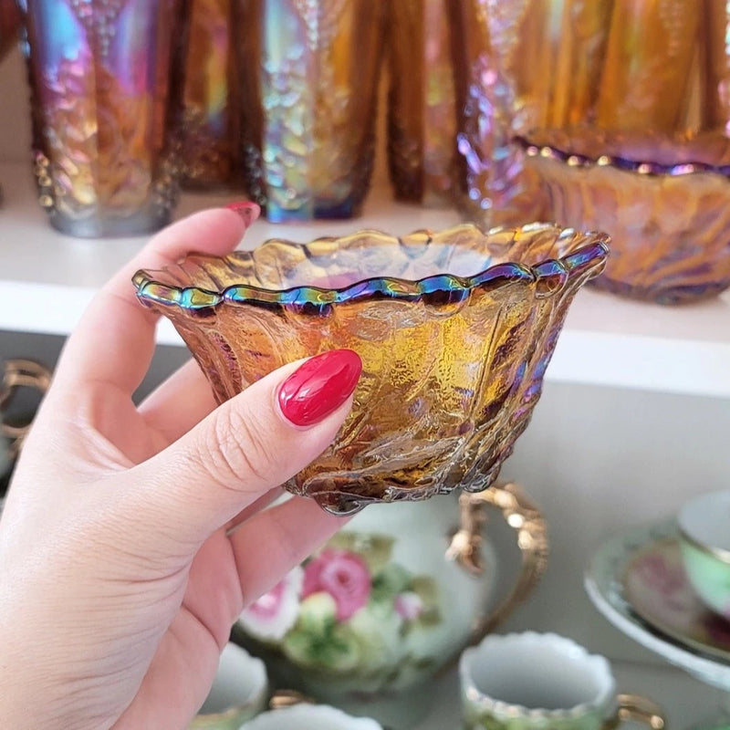 Vintage Marigold Carnival Glass Candle Stick Holder Set