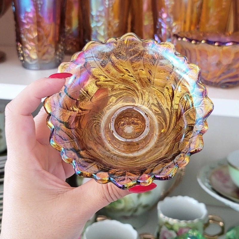 Vintage Marigold Carnival Glass Candle Stick Holder Set