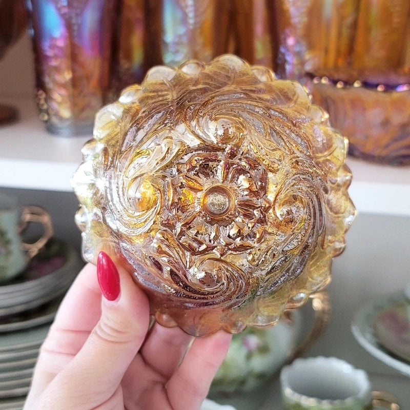 Vintage Marigold Carnival Glass Candle Stick Holder Set