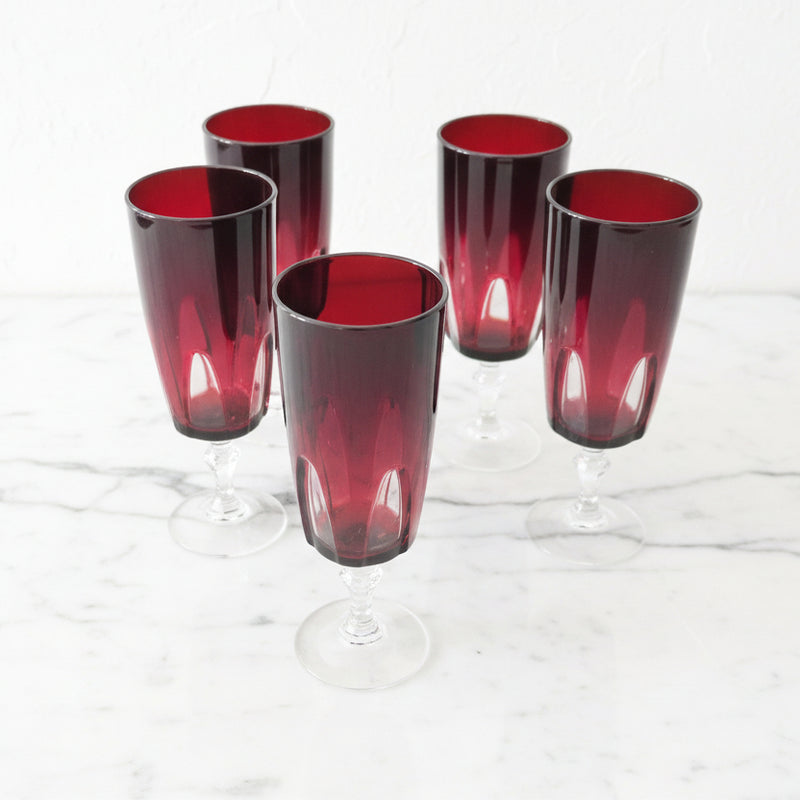 Vintage Cristal D'Arques Ruby Cut Crystal Wine Flutes Set of 5