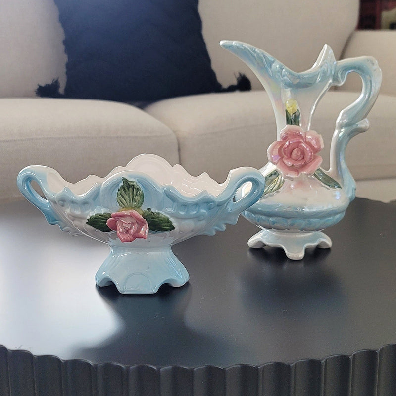 Vintage Pink Rose Dish & Pitcher Set