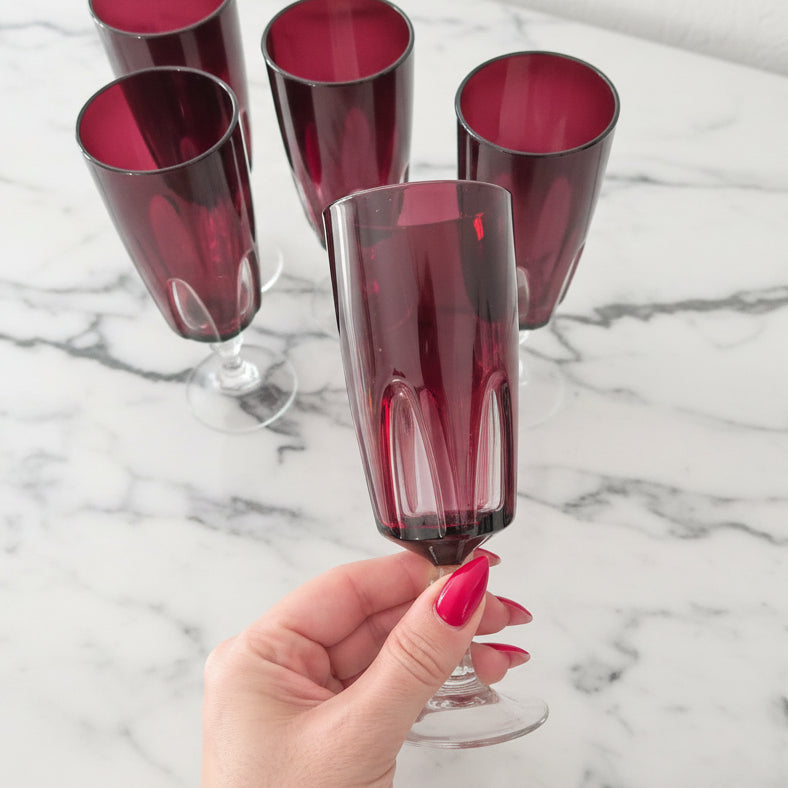 Vintage Cristal D'Arques Ruby Cut Crystal Wine Flutes Set of 5