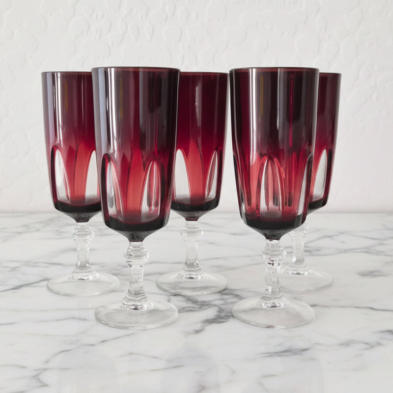 Vintage Cristal D'Arques Ruby Cut Crystal Wine Flutes Set of 5