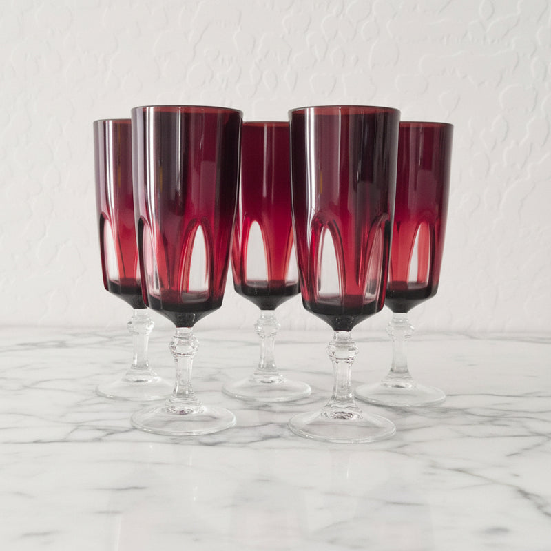 Vintage Cristal D'Arques Ruby Cut Crystal Wine Flutes Set of 5