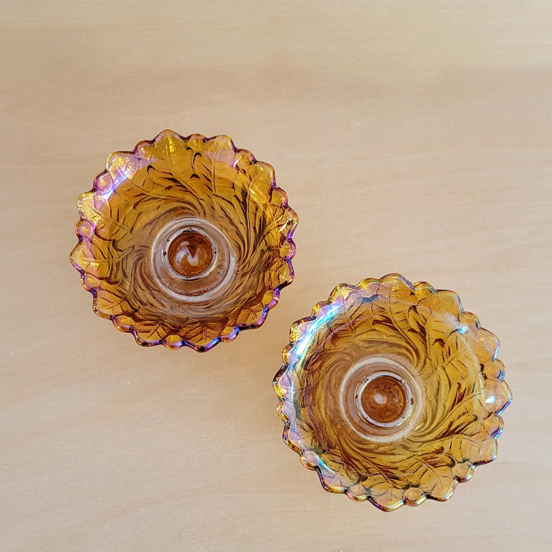 Vintage Marigold Carnival Glass Candle Stick Holder Set