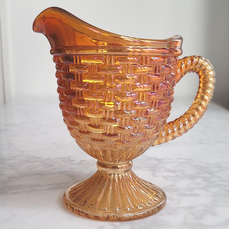 Vintage Marigold Carnival Glass Woven Pitcher