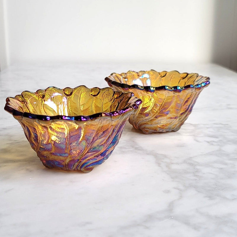 Vintage Marigold Carnival Glass Candle Stick Holder Set