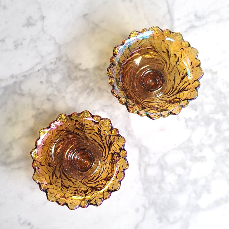 Vintage Marigold Carnival Glass Candle Stick Holder Set