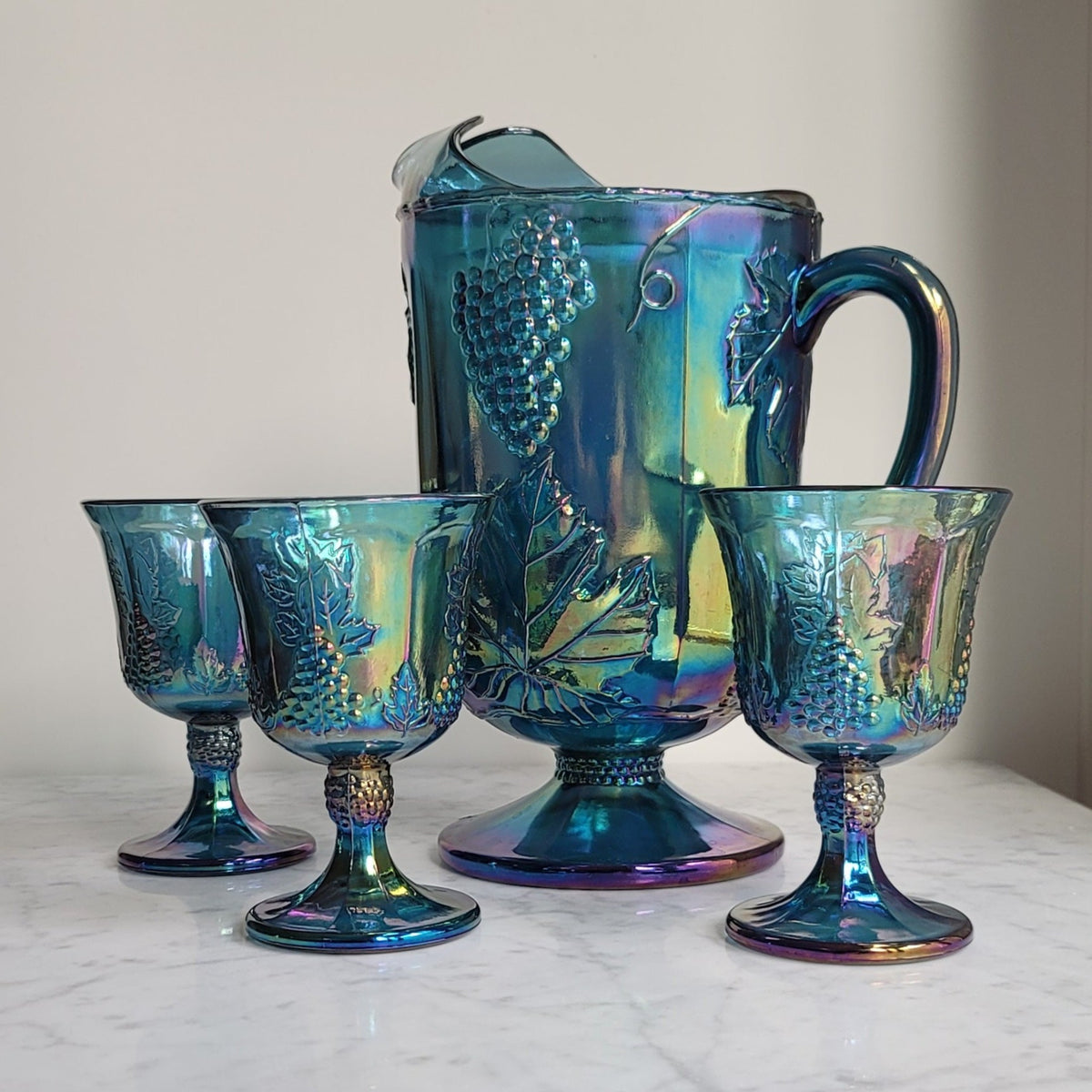 Vintage Blue Carnival Glass Pitcher and Goblet Set — Home Williams
