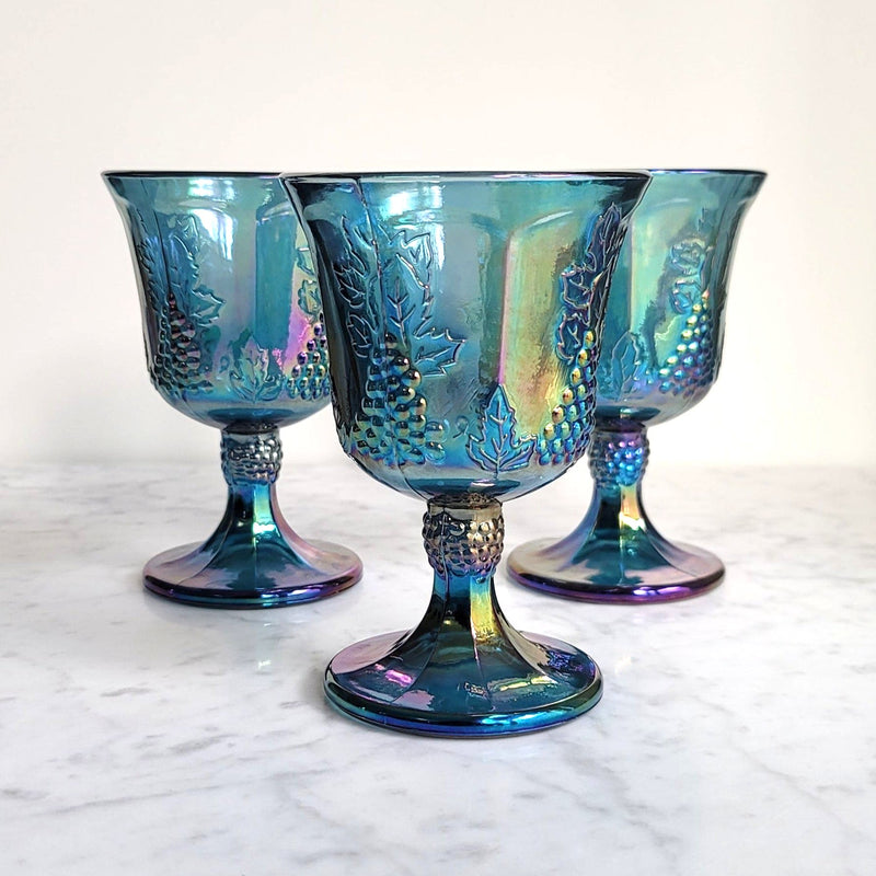 Vintage Blue Carnival Glass Pitcher and Goblet Set