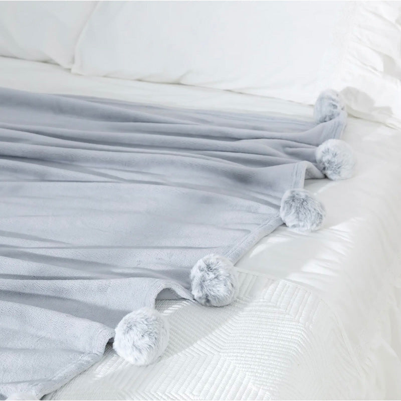 Soft Grey Fleece Pom Pom Throw - [Home_Williams]