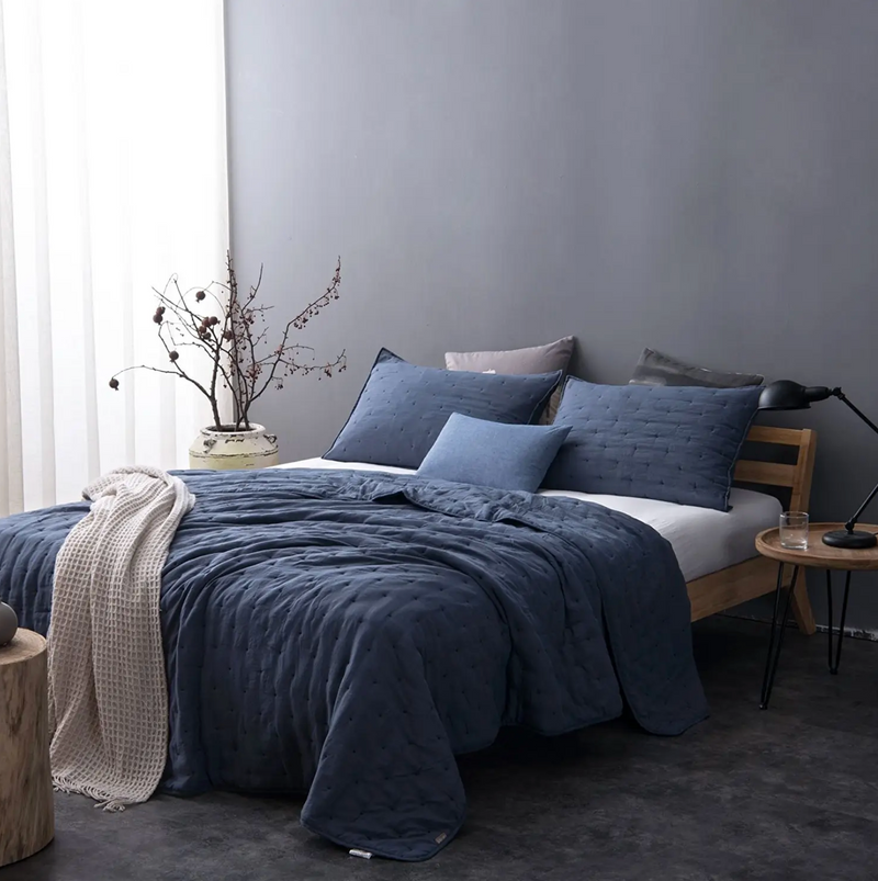 Dot Stitch Stone Washed Quilt Set, Navy
