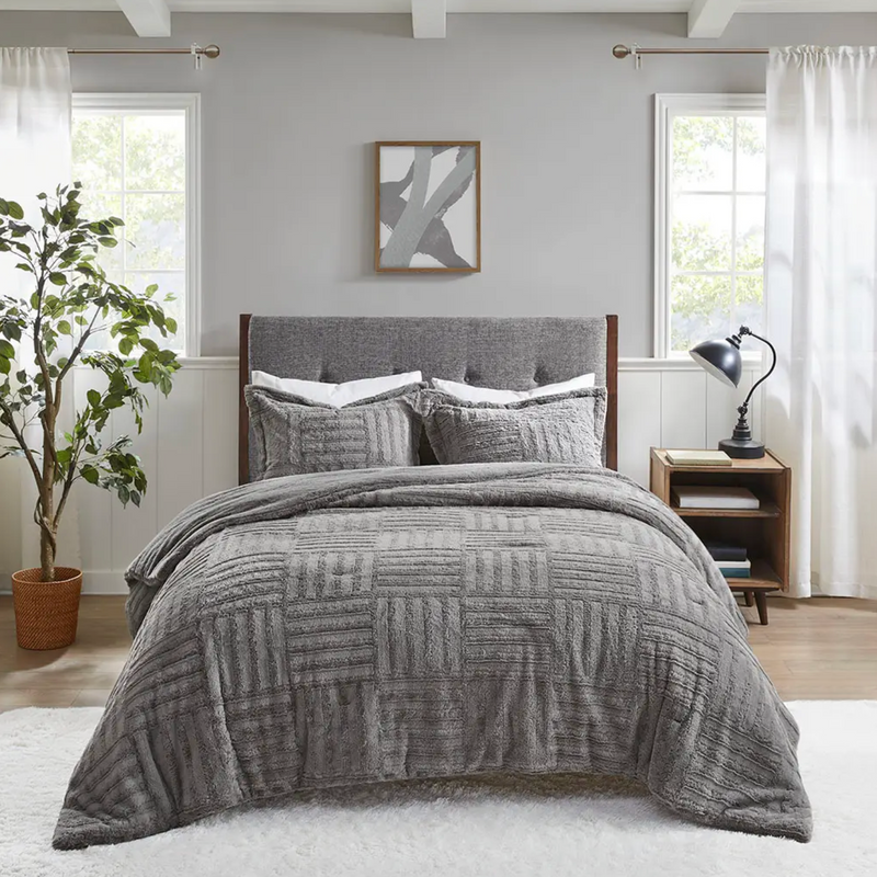 3 Piece Faux Fur Check Comforter Set