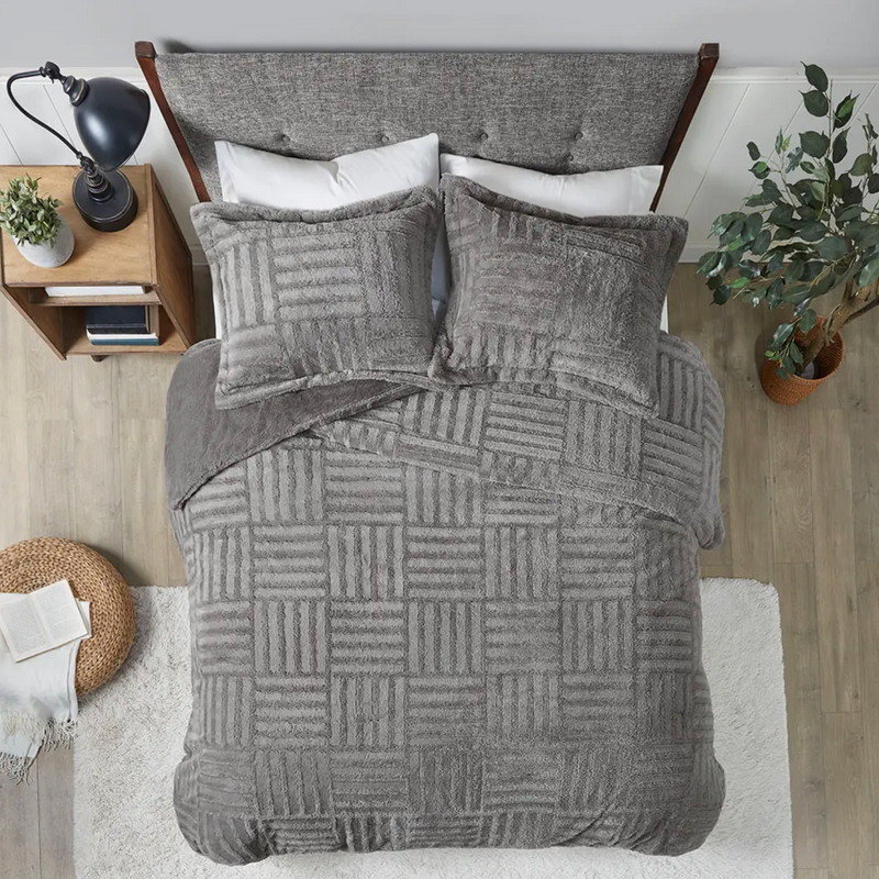 3 Piece Faux Fur Check Comforter Set