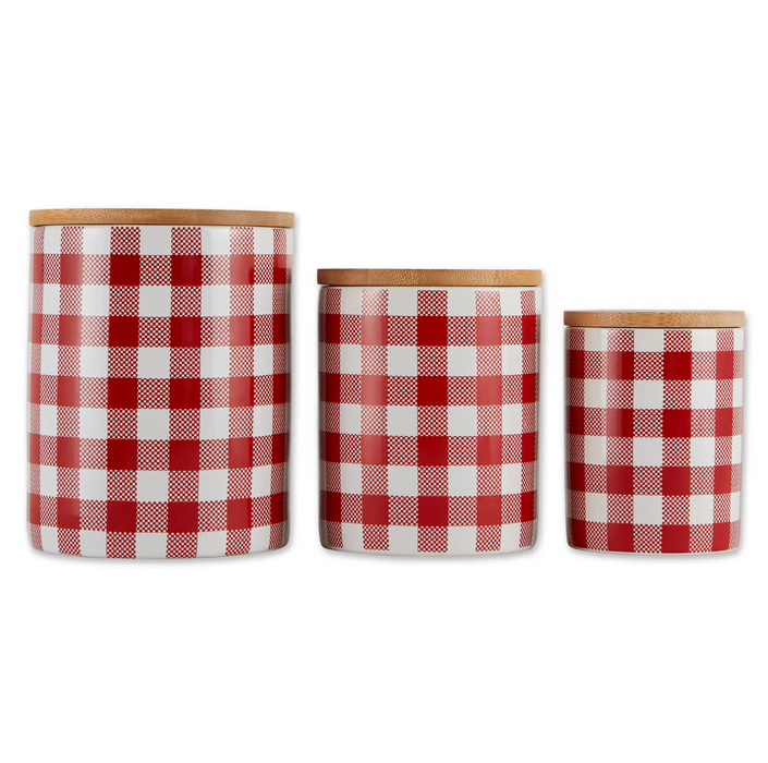 Red & White Buffalo Check Ceramic Canisters, Set Of 3