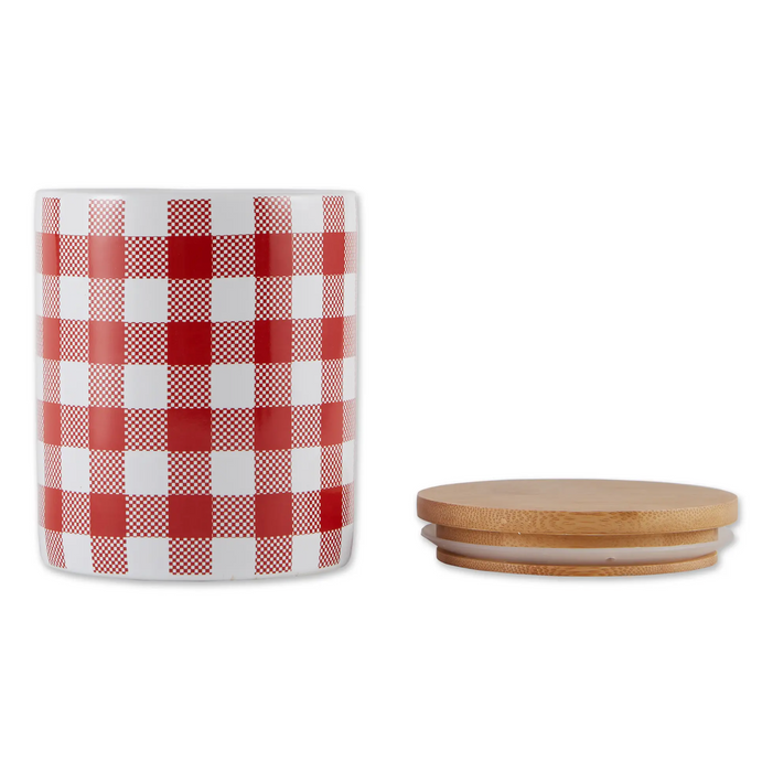 Red & White Buffalo Check Ceramic Canisters, Set Of 3